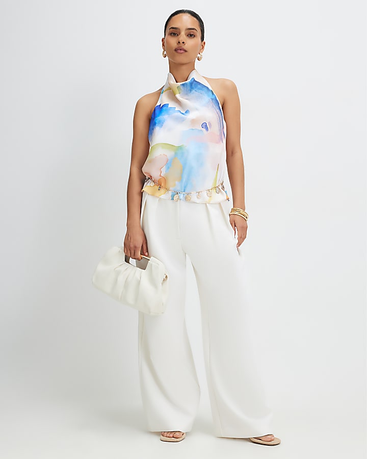 Petite Cream Smudge Print Halter Neck Top