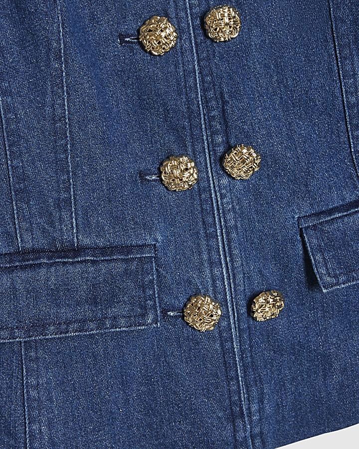 Blue Denim Collarless Button Jacket