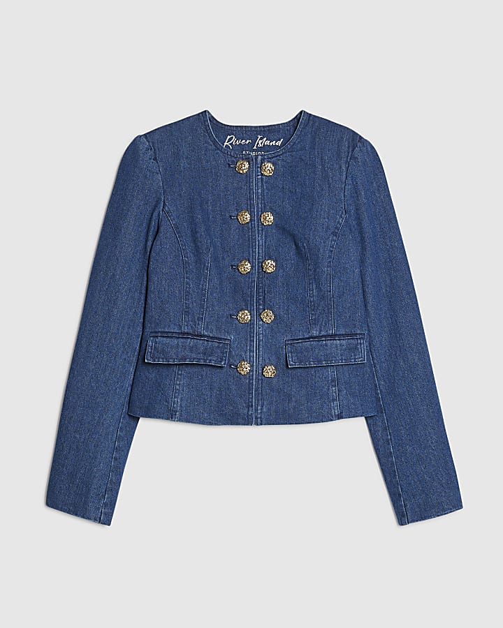 Blue Denim Collarless Button Jacket