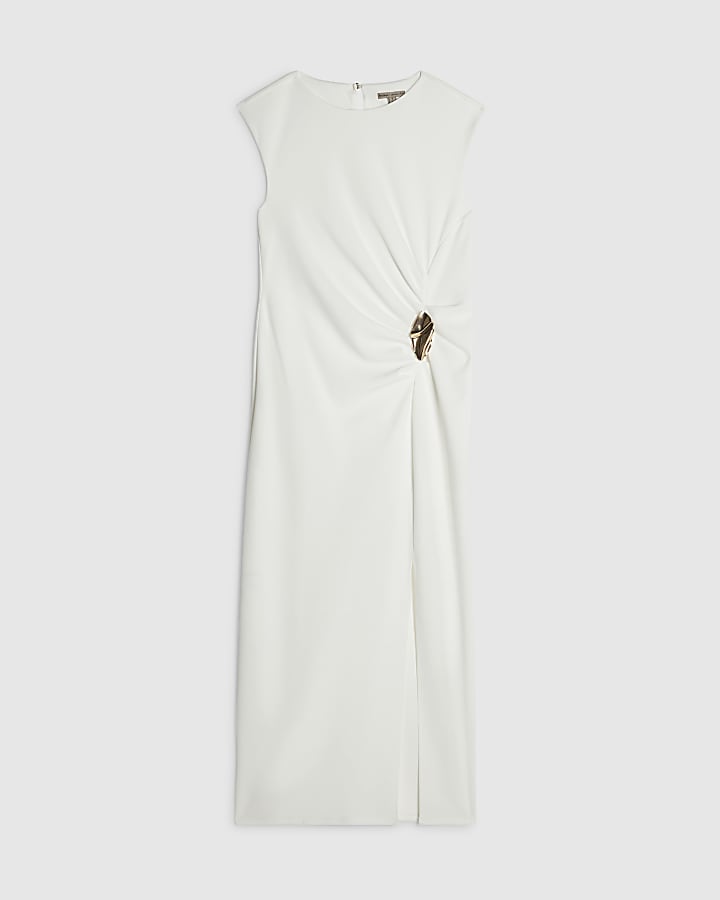 Cream Cap Sleeve Metal Trim Maxi Dress