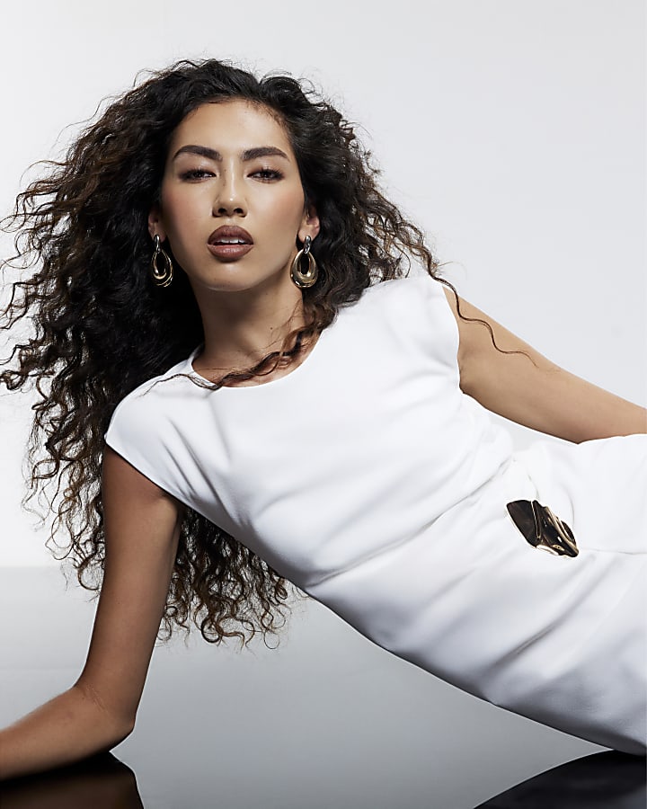 Cream Cap Sleeve Metal Trim Maxi Dress