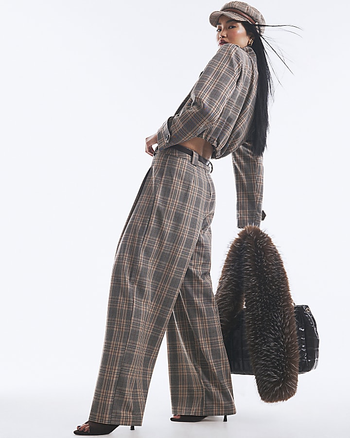 Grey Belted Check Wide Leg Trousers
