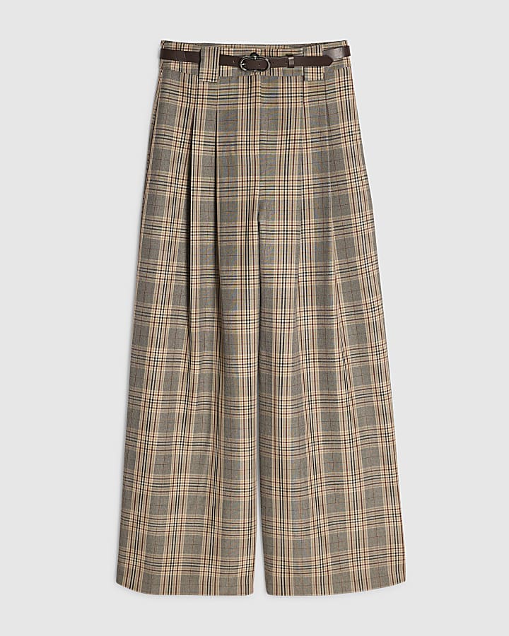 Grey Belted Check Wide Leg Trousers
