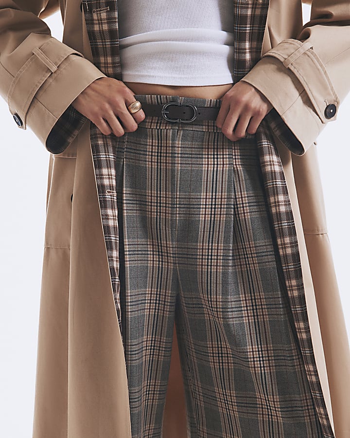 Grey Belted Check Wide Leg Trousers