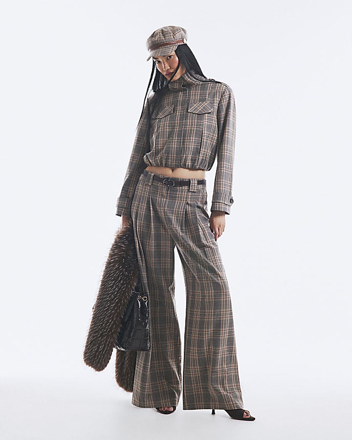 Grey Belted Check Wide Leg Trousers