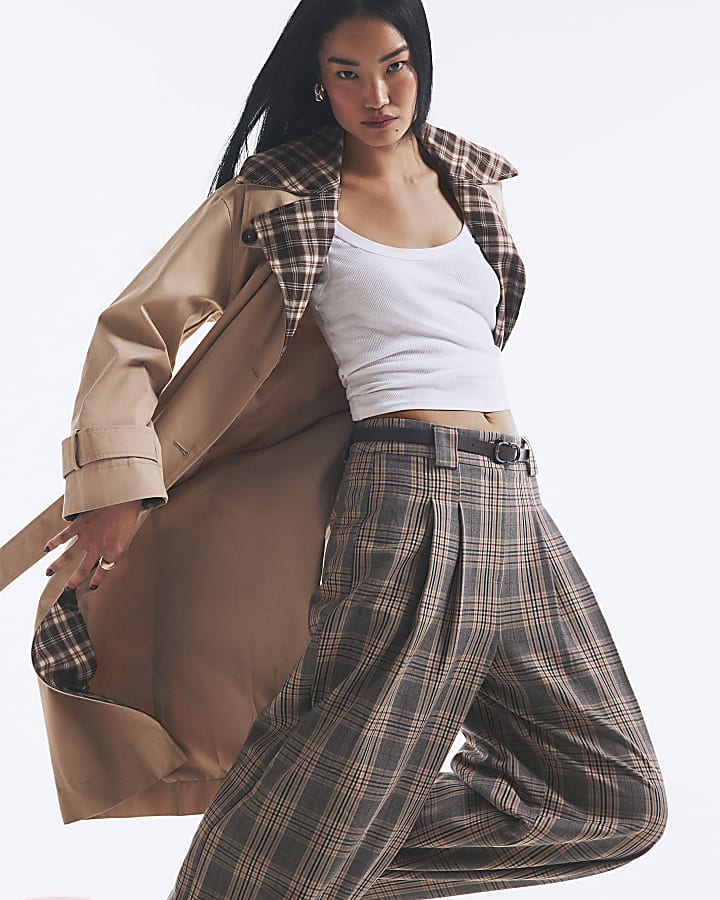 Grey Belted Check Wide Leg Trousers