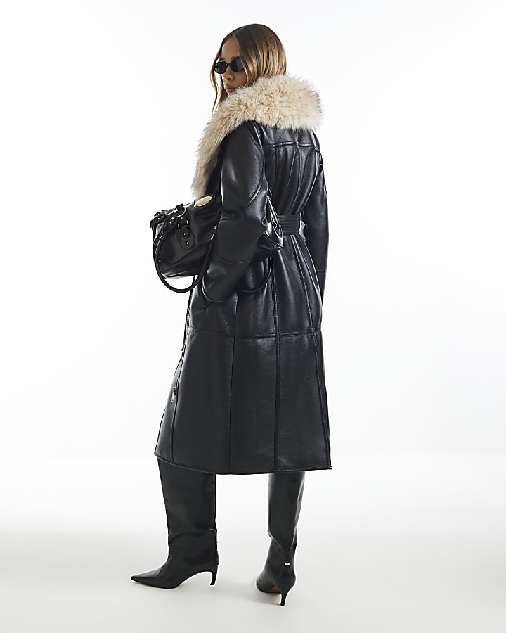 Black Belted Shearling Trench Coat