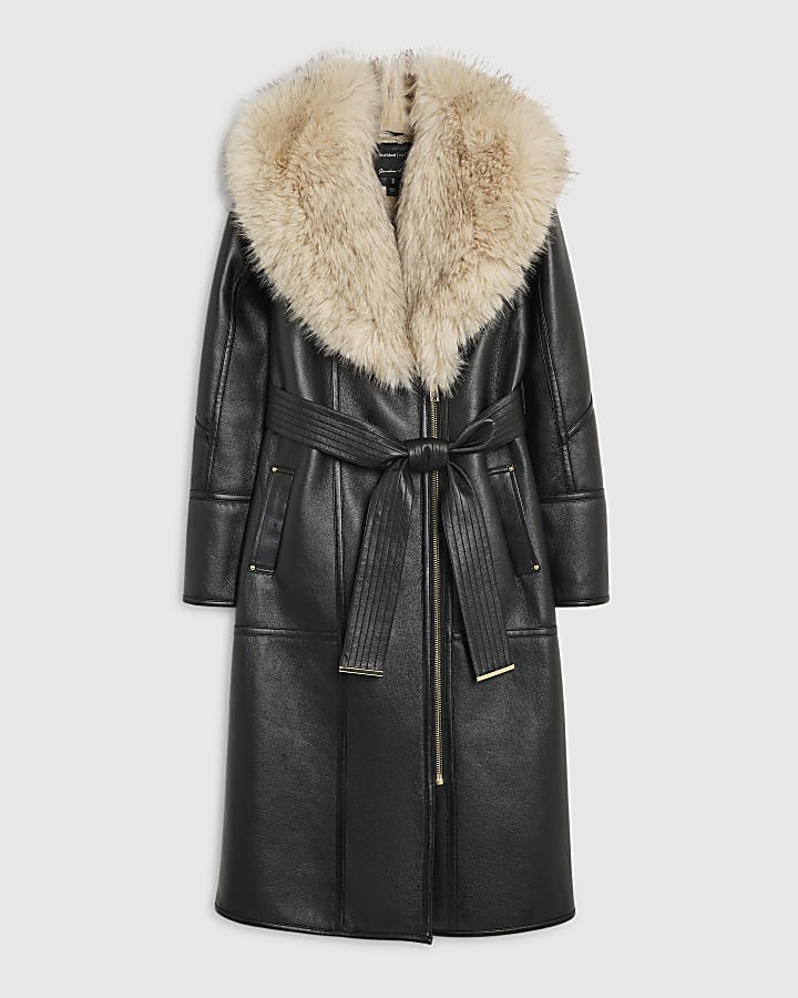 Black Belted Shearling Trench Coat