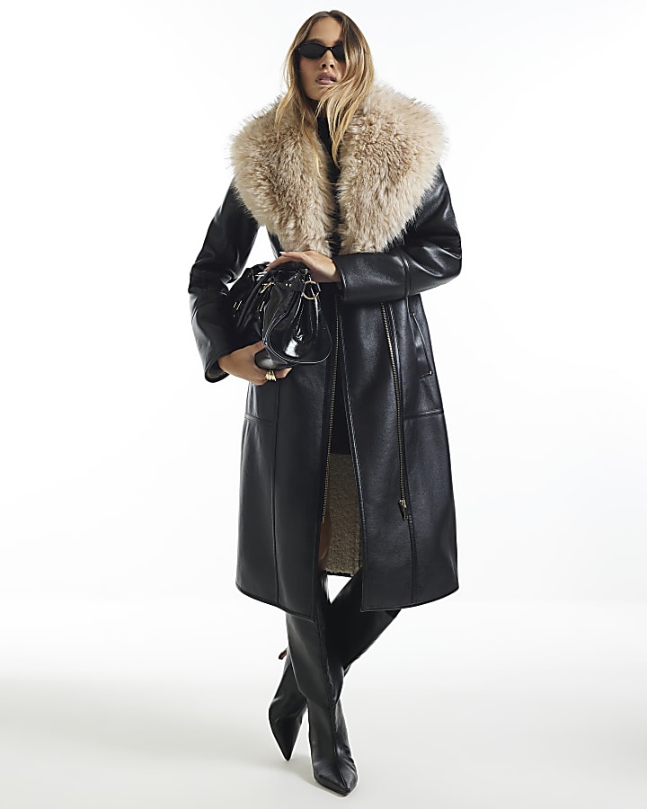 Black Belted Shearling Trench Coat
