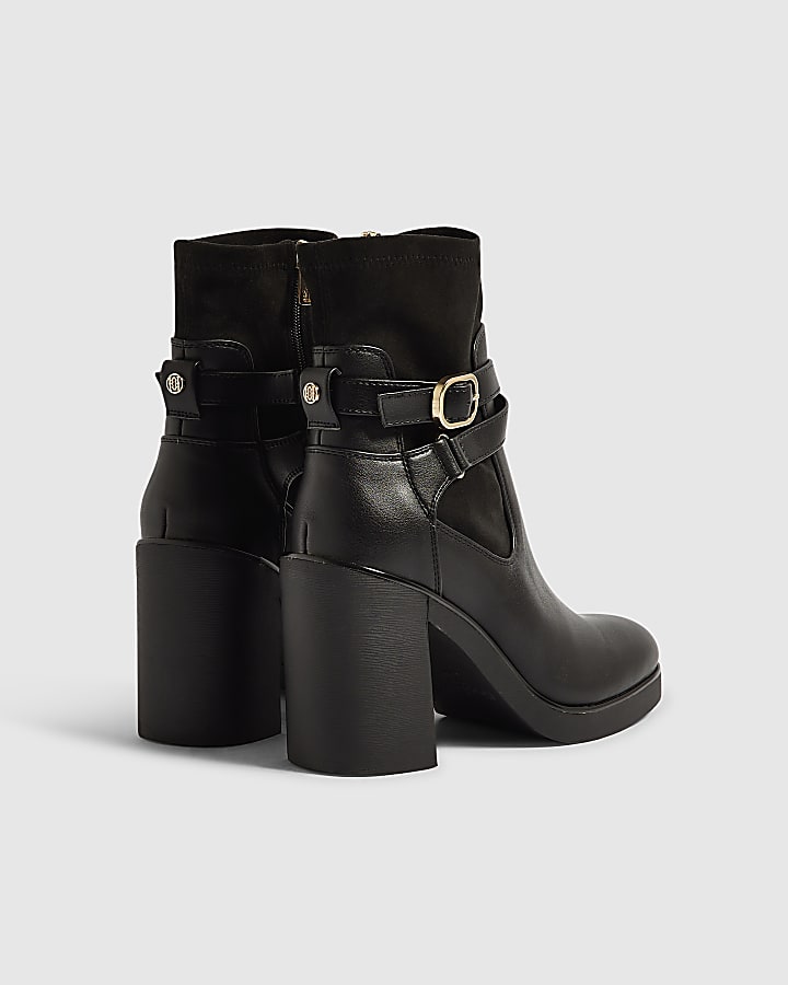 Black Faux Leather Chunky Buckle Ankle Boots