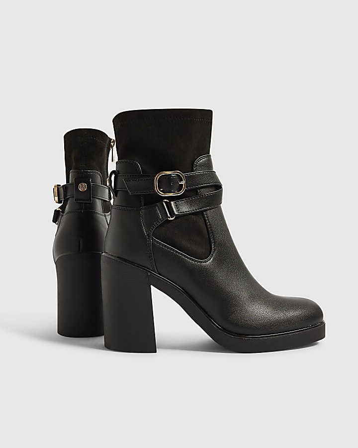 Black Faux Leather Chunky Buckle Ankle Boots