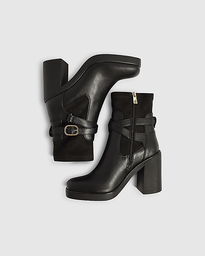 Black Faux Leather Chunky Buckle Ankle Boots
