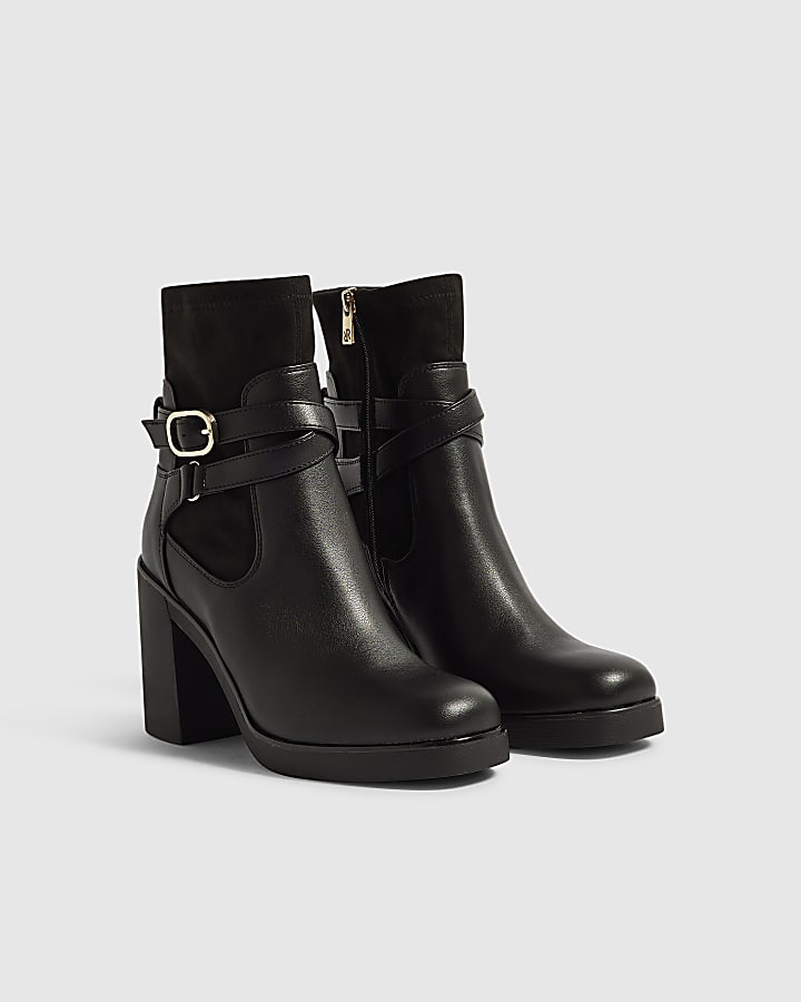 Black Faux Leather Chunky Buckle Ankle Boots