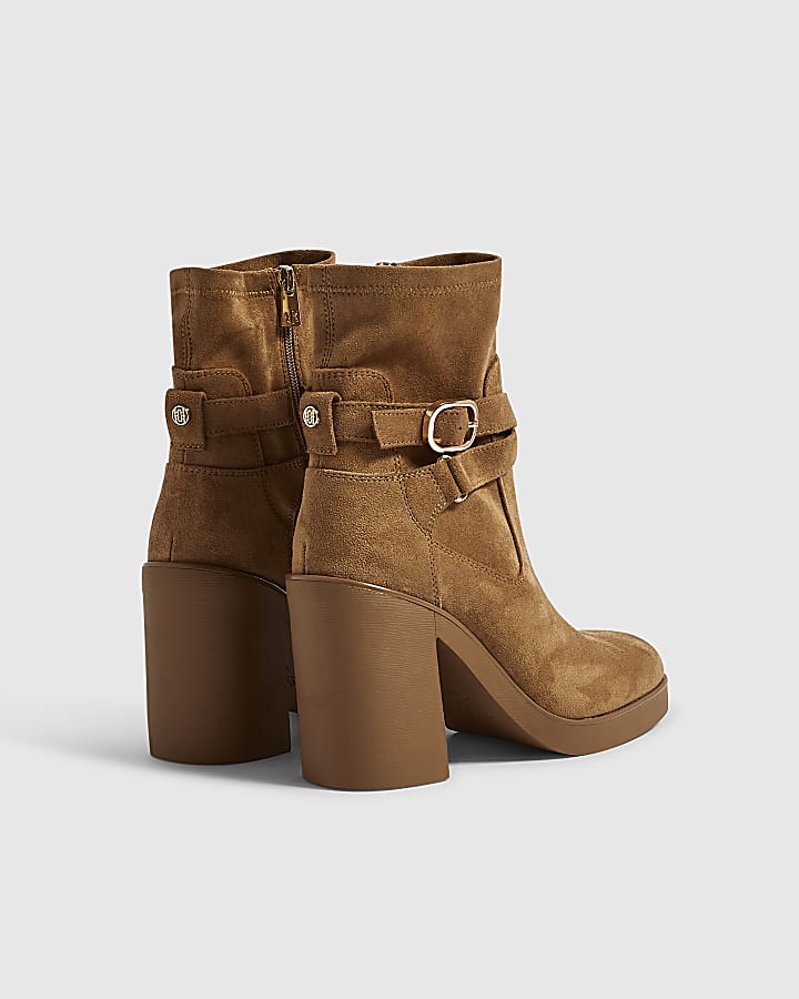 Brown Faux Suede Chunky Buckle Ankle Boots