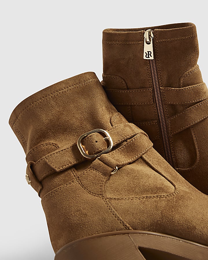 Brown Faux Suede Chunky Buckle Ankle Boots