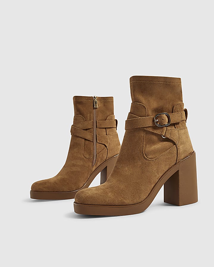 Brown Faux Suede Chunky Buckle Ankle Boots