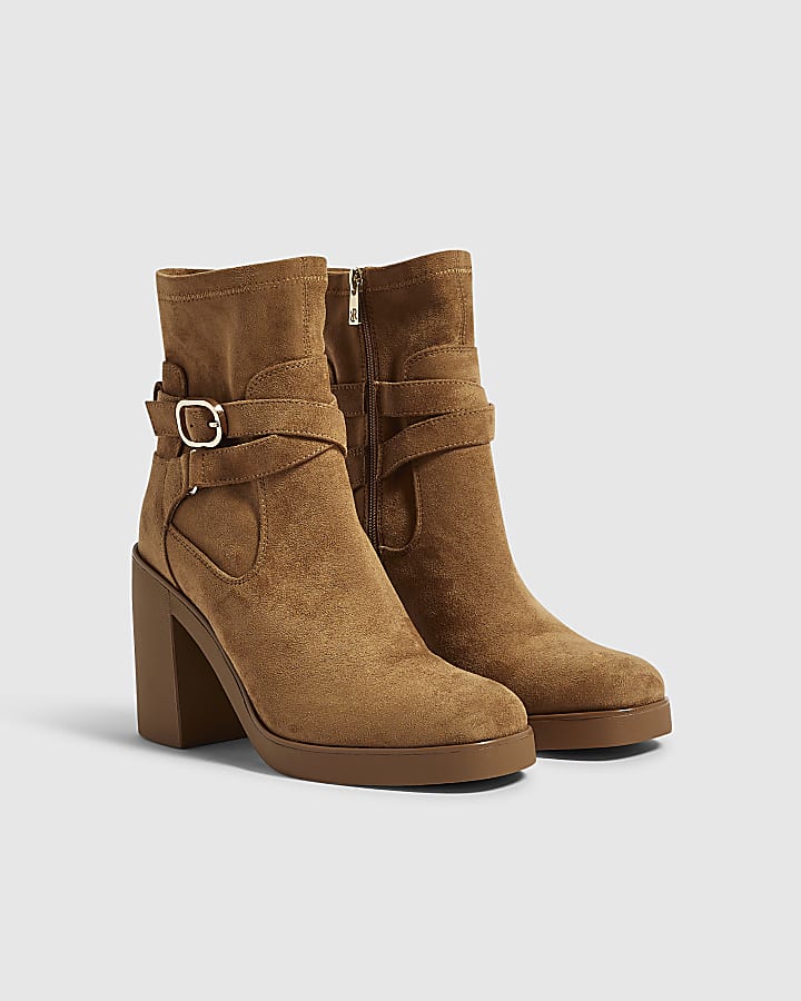 Brown Faux Suede Chunky Buckle Ankle Boots
