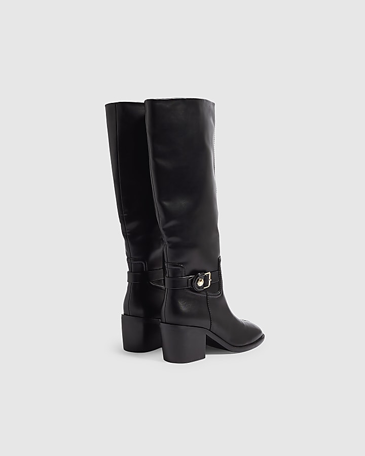 Black Faux Leather Buckle High Leg Boots