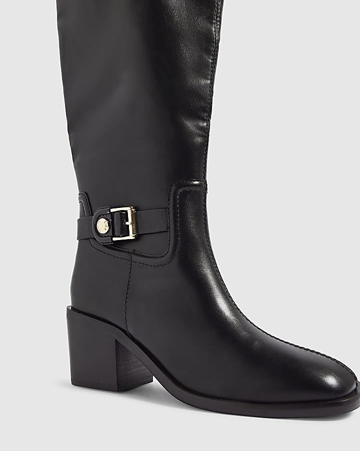 Black Faux Leather Buckle High Leg Boots