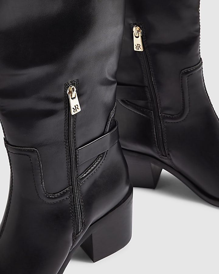 Black Faux Leather Buckle High Leg Boots