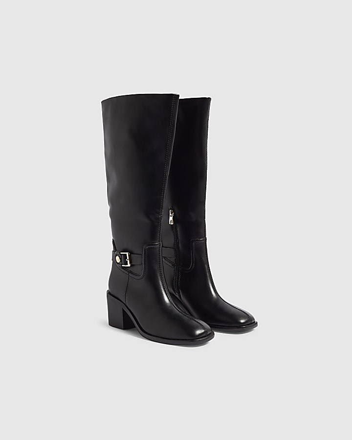 Black Faux Leather Buckle High Leg Boots