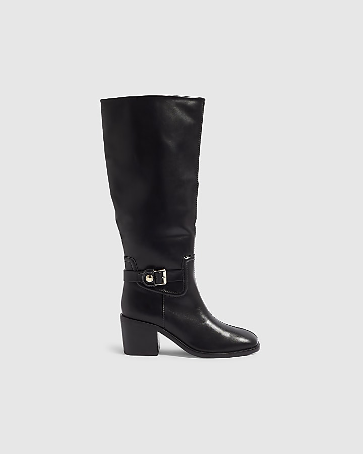 Black Faux Leather Buckle High Leg Boots