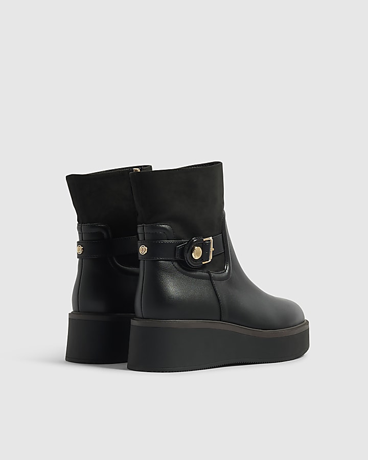 Black Buckle Wedge Ankle Boots