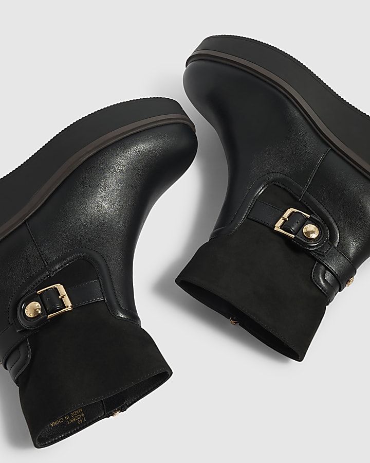 Black Buckle Wedge Ankle Boots