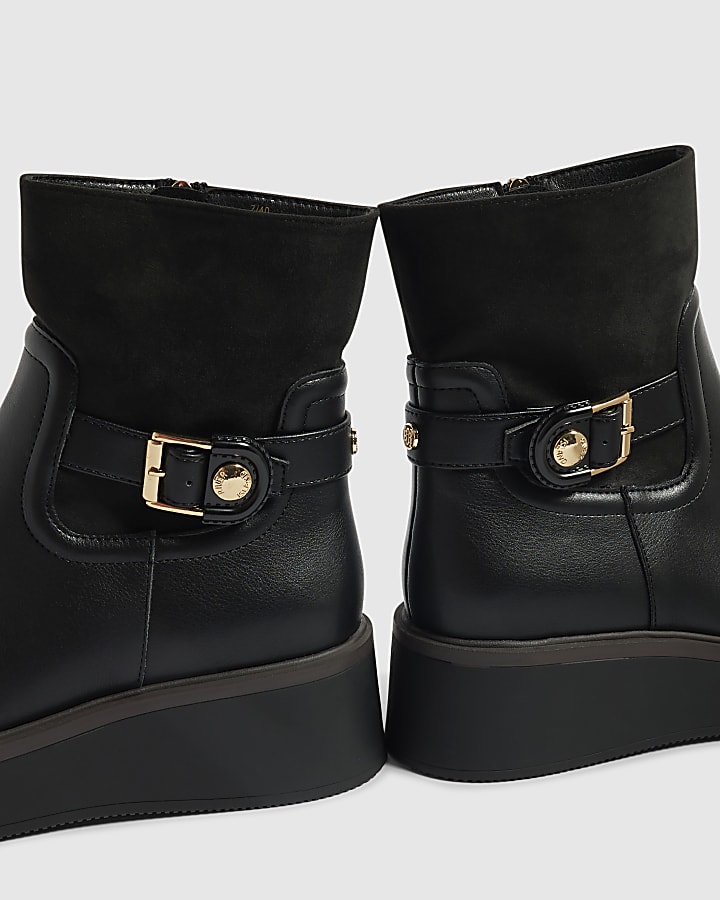 Black Buckle Wedge Ankle Boots