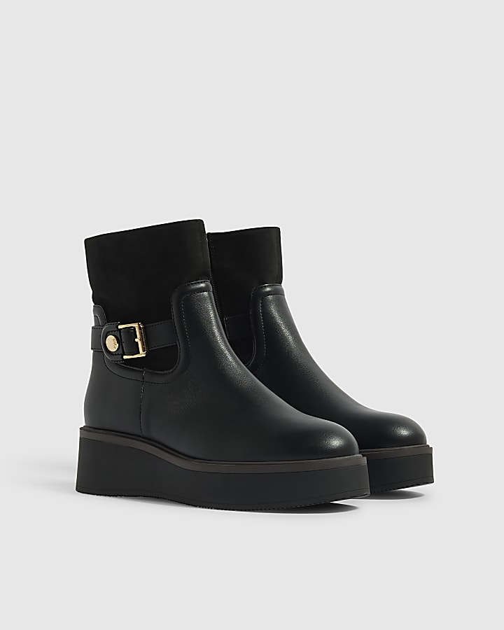 Black Buckle Wedge Ankle Boots
