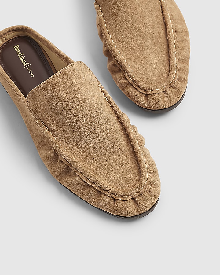 Beige Faux Suede Backless Ruched Loafers