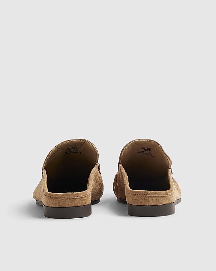 Beige Faux Suede Backless Ruched Loafers