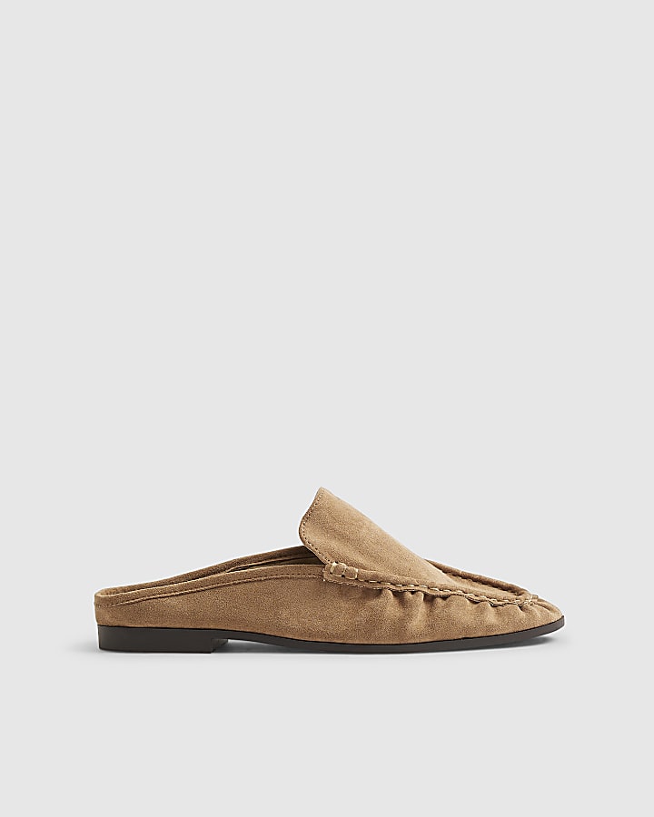 Beige Faux Suede Backless Ruched Loafers