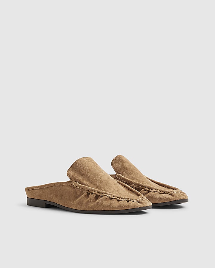 Beige Faux Suede Backless Ruched Loafers