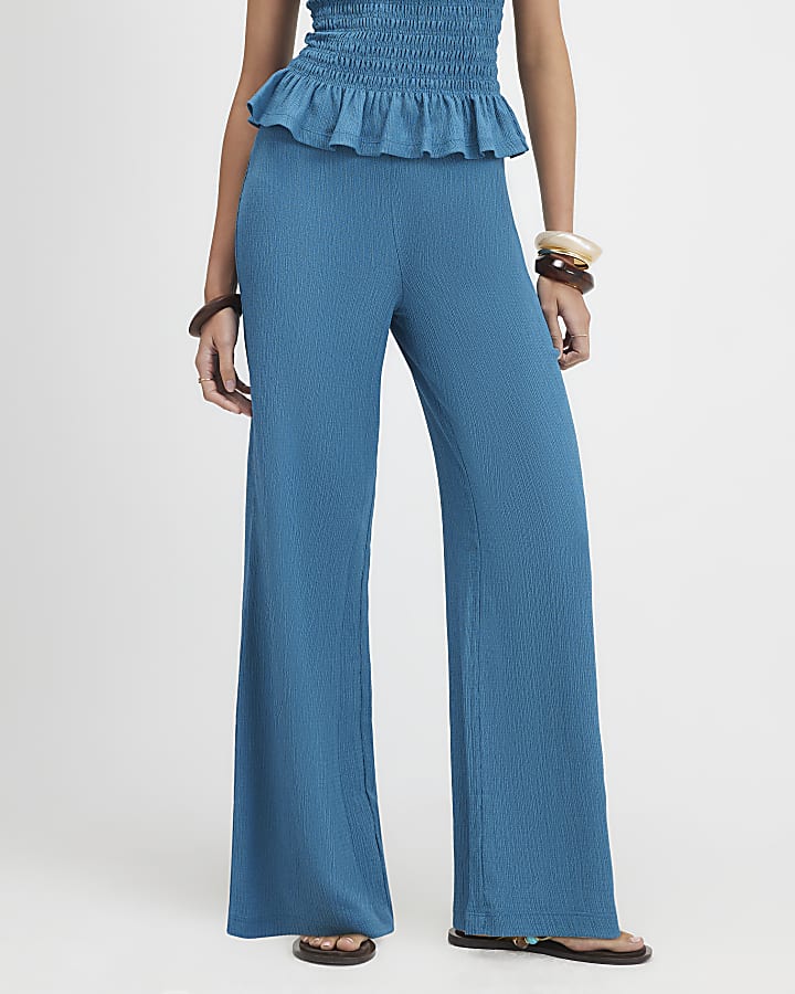 Green Textured Wide Leg Trousers
