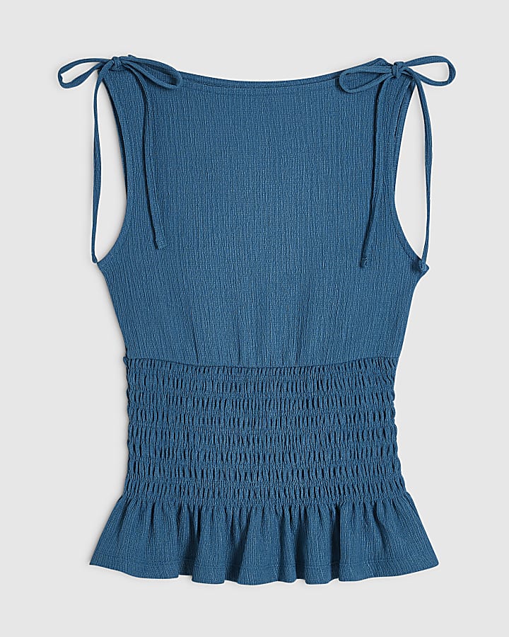 Green Sleeveless Tie Shoulder Shirred top
