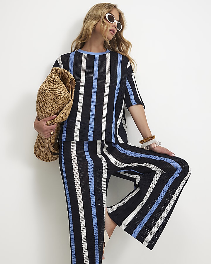 Navy Crochet Stripe Trousers