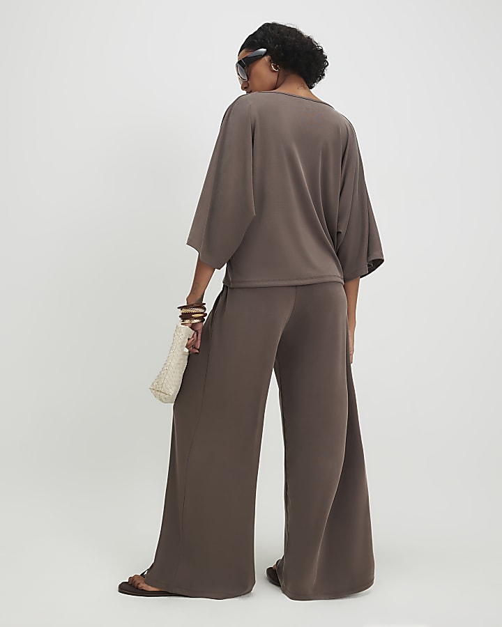 Brown Drawstring Waist Wide Leg Trousers