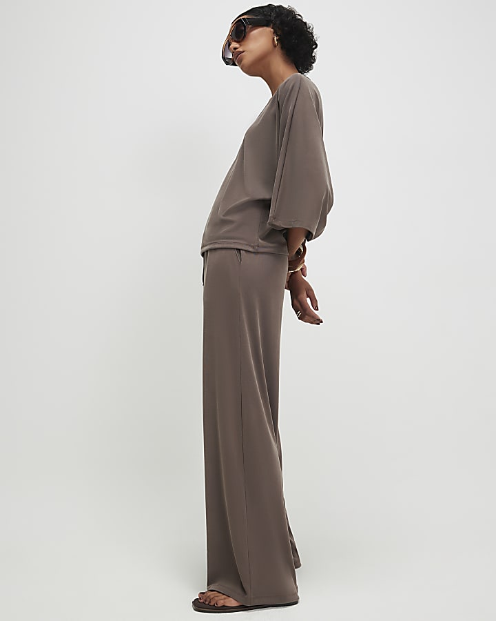 Brown Drawstring Waist Wide Leg Trousers
