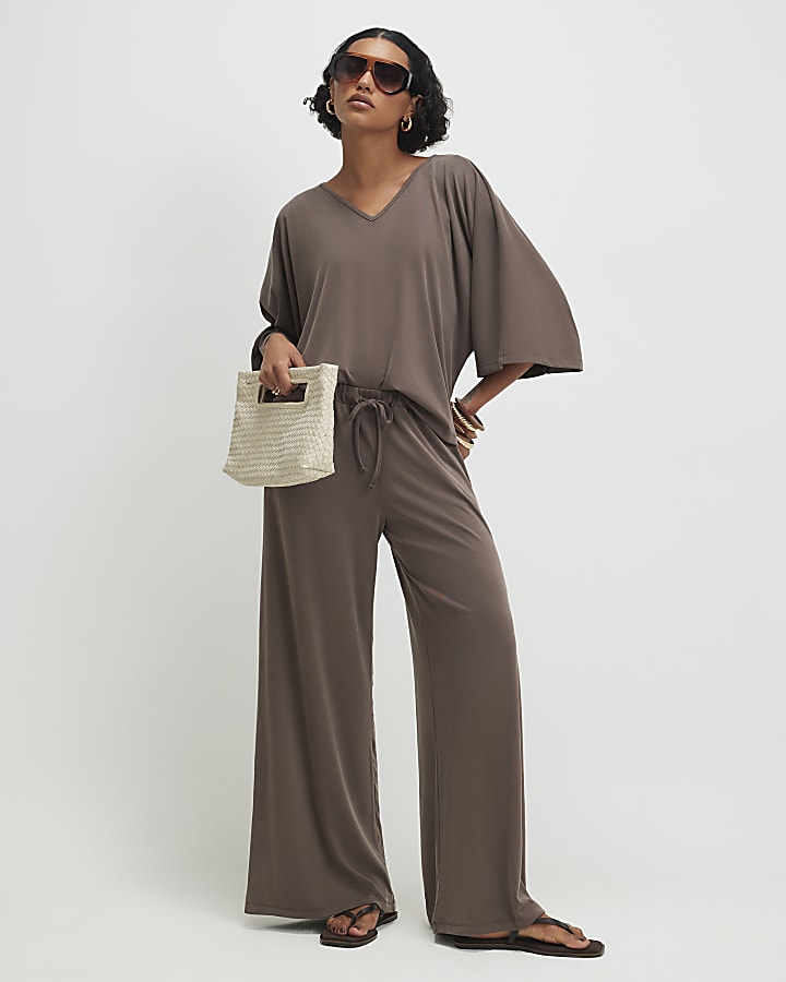 Brown Drawstring Waist Wide Leg Trousers