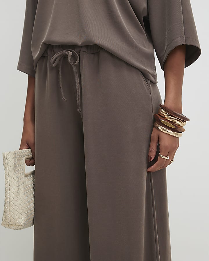 Brown Drawstring Waist Wide Leg Trousers