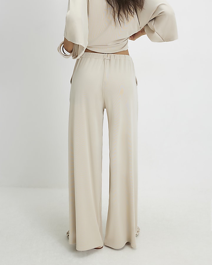 Beige Soft Touch Wide Leg Trousers