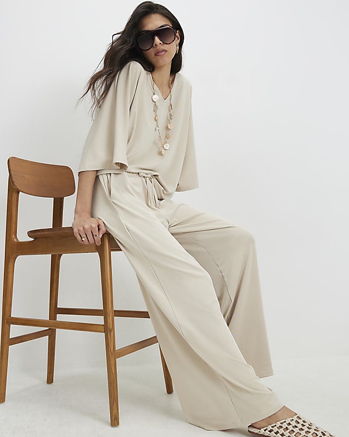 Beige Soft Touch Wide Leg Trousers