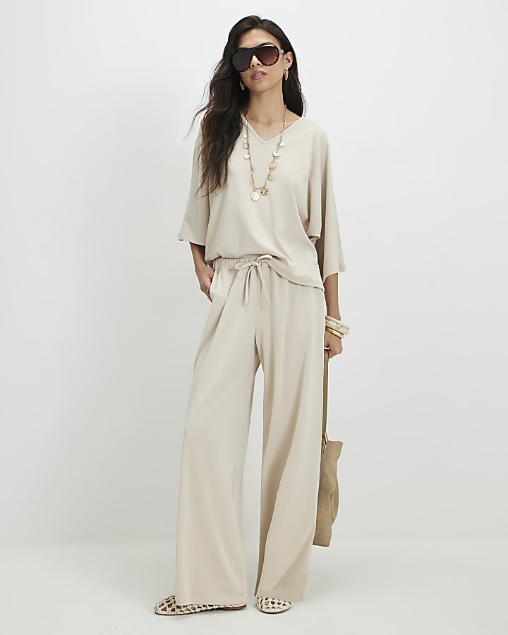 Beige Soft Touch Wide Leg Trousers