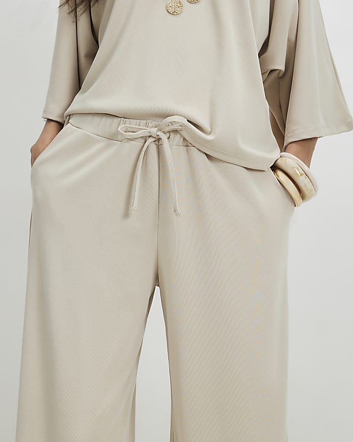 Beige Soft Touch Wide Leg Trousers