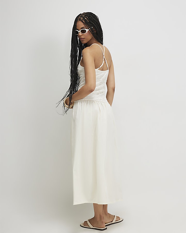 Cream Sleeveless Lace Hybrid Midi Dress