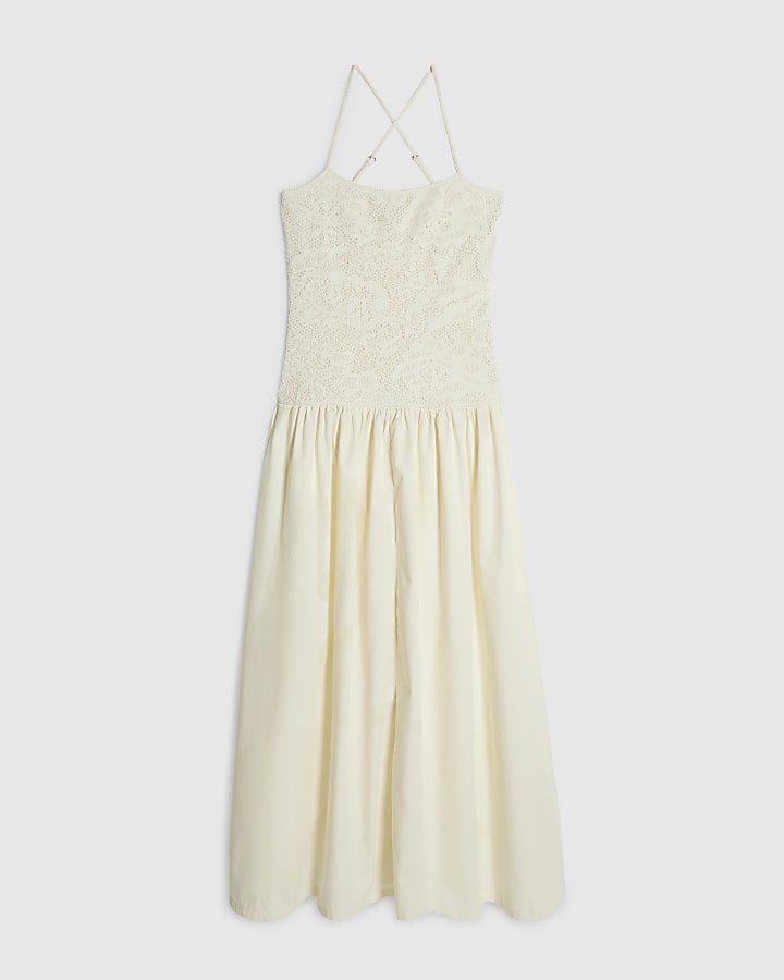 Cream Sleeveless Lace Hybrid Midi Dress