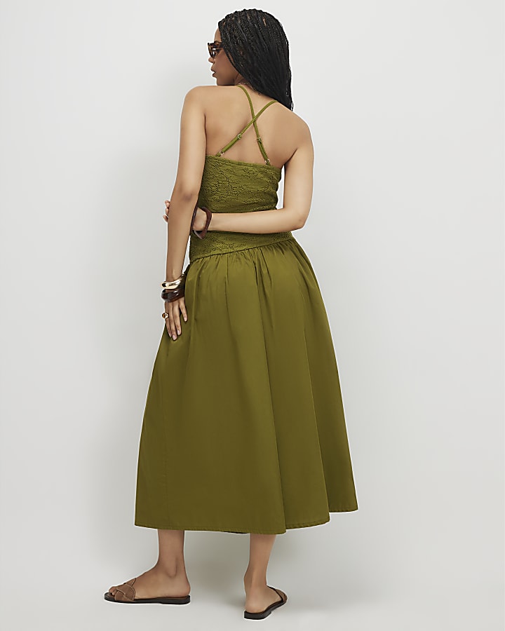 Khaki Sleeveless Lace Hybrid Midi Dress