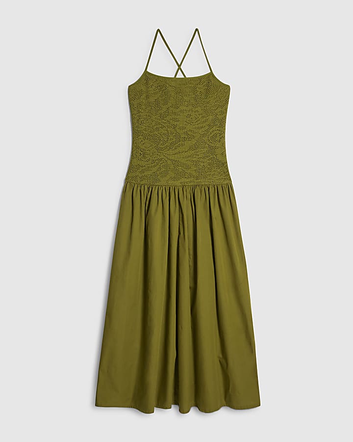 Khaki Sleeveless Lace Hybrid Midi Dress
