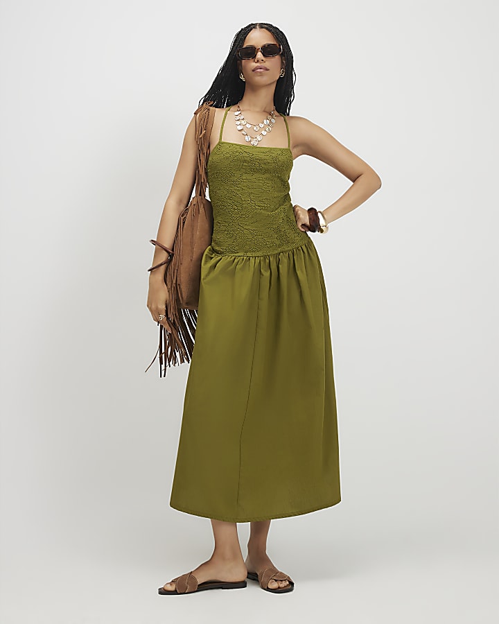 Khaki Sleeveless Lace Hybrid Midi Dress